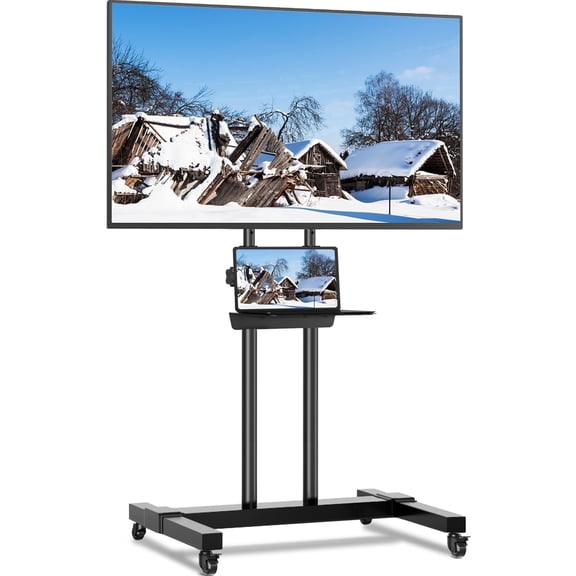 RTVR Upgraded Mobile TV Floor Stand with Wheels for 32 to 85 inch Panels up to 110 lbs, Rolling Adjustable TV Cart with Modern Black Shelf