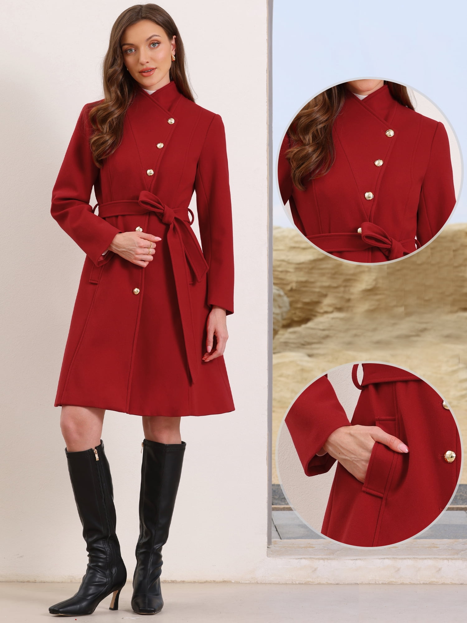 DARING DIVA Women's Stand Collar Belted Single Breasted Trench Pea Coat L Red