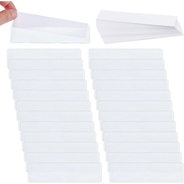 100 juegos de etiquetas autoadhesivas de plástico transparente para contenedores de almacenamiento, bolsillos transparentes para tarjetas de índice con soportes de plástico para etiquetas de papel.