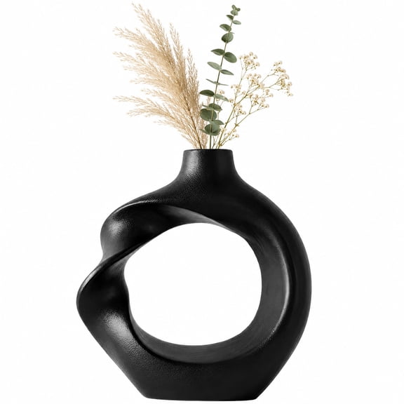 Black Ceramic Vase, 5.9 in Twisted Nordic Circle Vase, Modern Matte Hollow Design, Elegant Table Centerpiece Decor, Lightweight Shelf and Office Accent