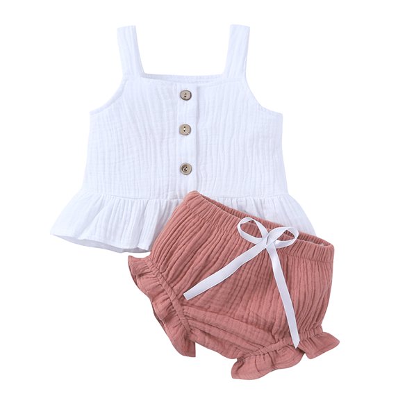 Godderr Newborn Girls Solid Color Suspender Off-Shoulder Top Shorts Suspender Top Shorts Two-Piece Set 3-24M