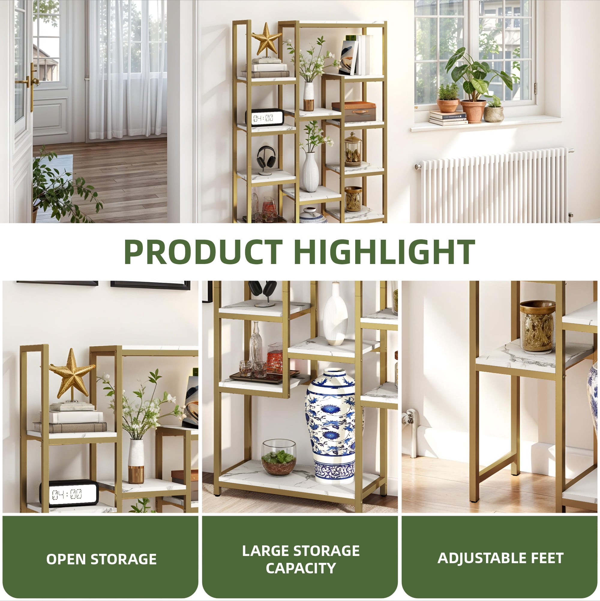 Uforic 71" Tall Bookshelf, 6 Tier Home Office Bookcase, Modern Freestanding Open Display Shelf, Gold