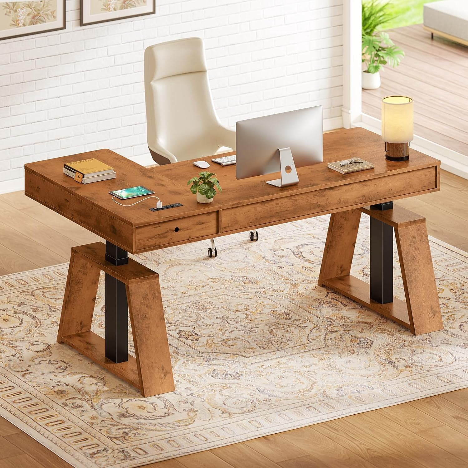SEDETA 59 Inch L Shaped Electric Standing Desk with Drawers, Executive Adjustable Motorized Sit Stand Computer Table with Power Outlets, Large Corner Gaming Desk Workstation for Home Office, Brown