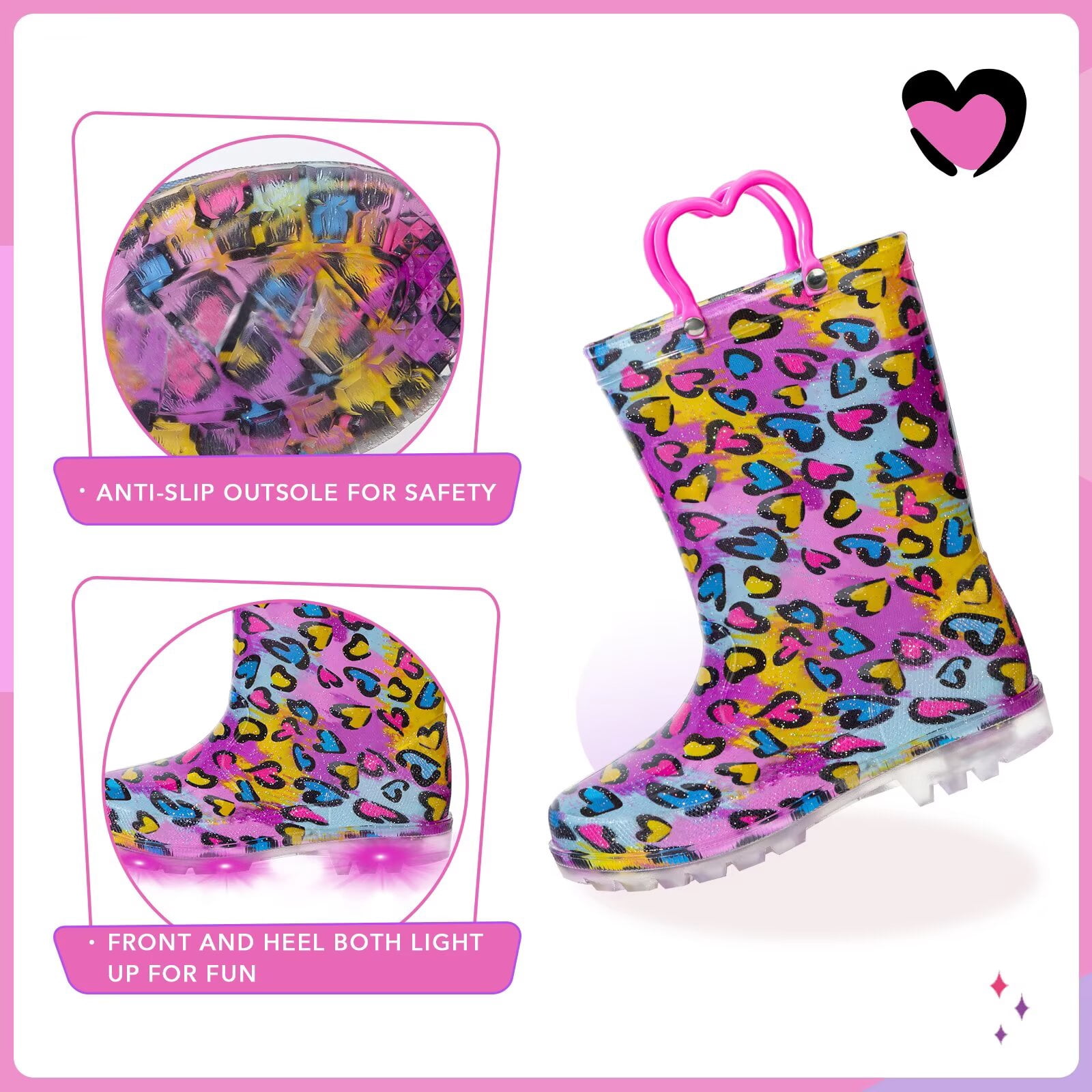 EUXTERPA Toddler Kids Light Up Rain Boots Girls Heart Waterproof Boots Toddler Size 5