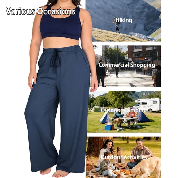 Kinrui Plus Size Wide Leg Pants for Women Casual Loose Elastic Waist Yoga Trousers with Pocket Navy 5XL