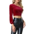 thumbnail image 4 of INSPIRE CHIC Women's Velvet Long Sleeve One Shoulder Crop Tops, 4 of 5