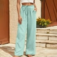 thumbnail image 2 of Womens Wide Leg Linen Pants Elastic High Waisted Drawstring Flowy Crop Trousers with Pockets Green,XS, 2 of 6