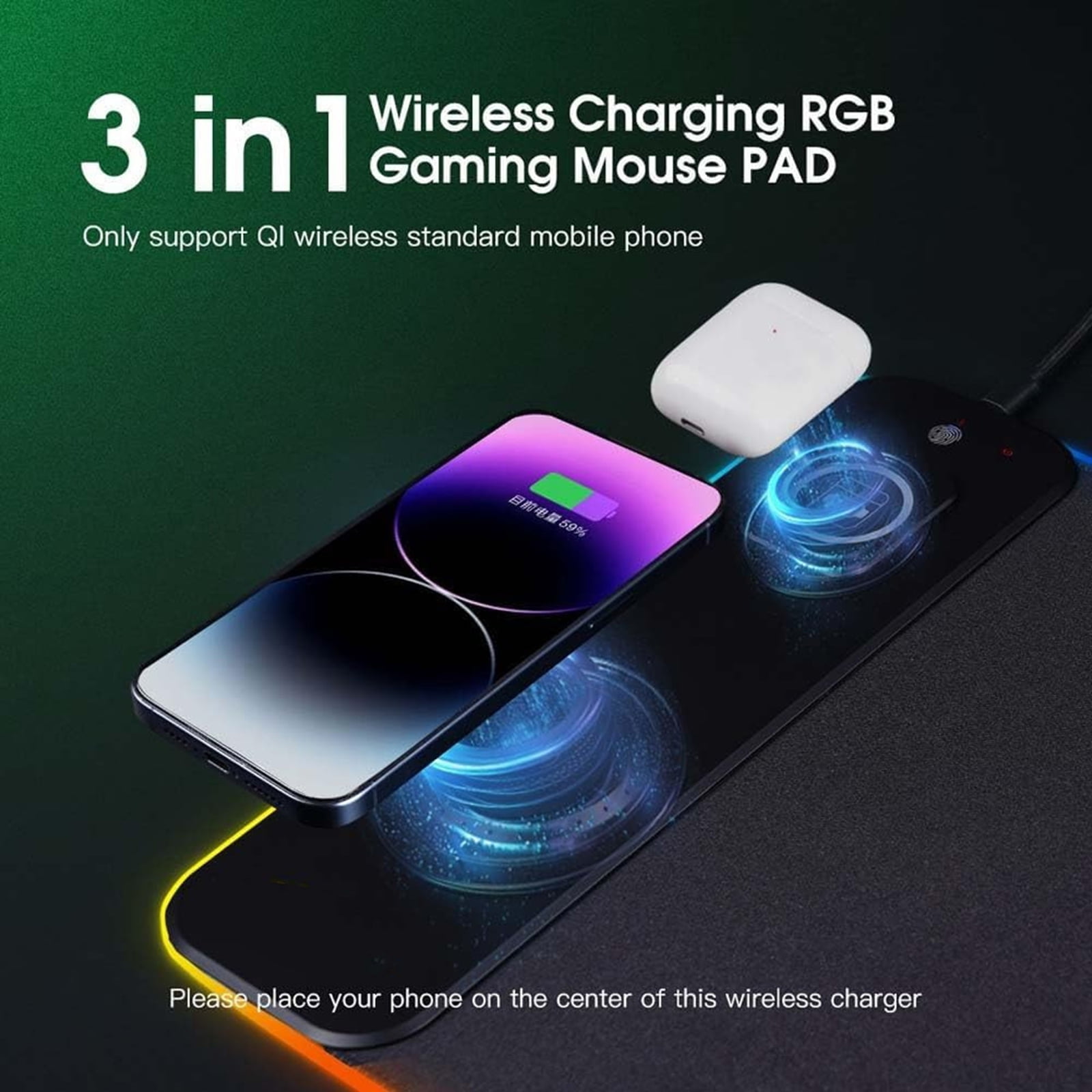 Bxaolu Wireless Charging Mouse Pad, RGB Gaming Mousepad, 31.5"x11.8" Large Desk Pad, 15Light Modes, Ultra-Smooth Surface, Non-Slip Base, Computer Keyboard Mat for MacBook, PC, Laptop, Black