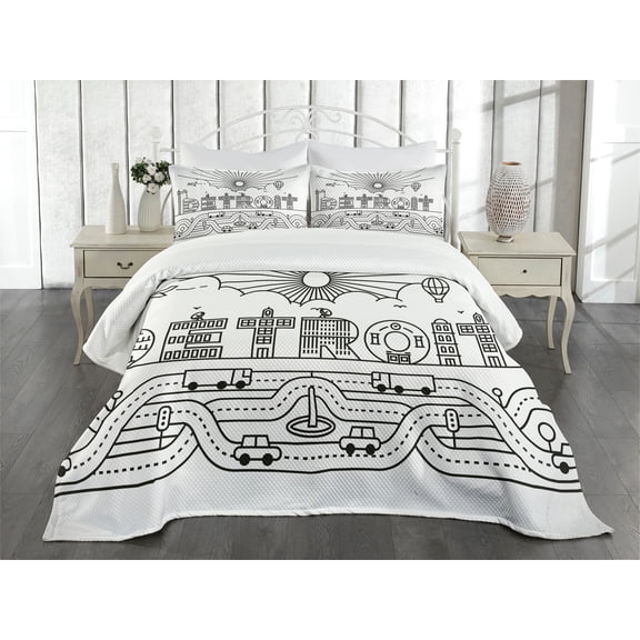 Ambesonne Detroit Quilted Bedspread Set 3 Pcs, Building Letter Balloon, King Size, Black and White