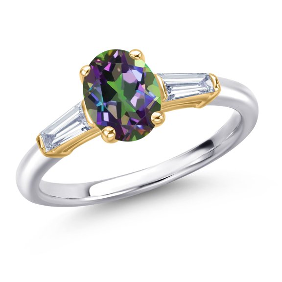 Gem Stone King 10K Two Tone Gold Green Mystic Topaz and Lab Grown Diamond Engagement Ring for Women | 1.88 Cttw | Oval 8X6MM | Gemstone November Birthstone | Size 5