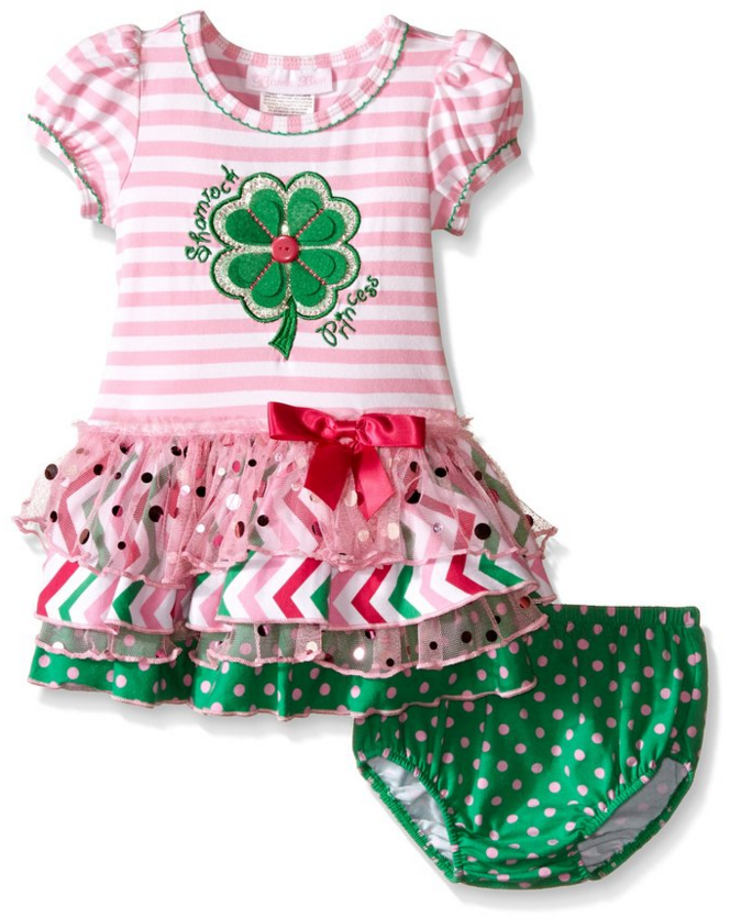 Patrick/'s Day Birthday Outfit Pink and green clover applique top ruffle skirt and hair bow! Baby Girl St
