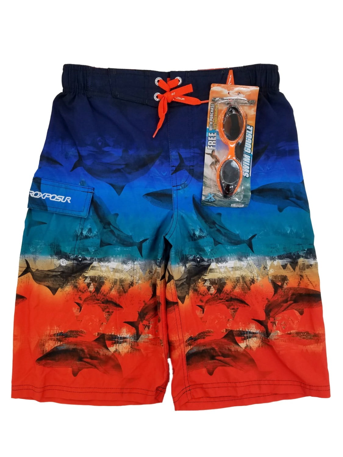Zero Xposur Boys Surf Short Deep Aqua Shark Swim Shorts With Goggles Medium 5/6 