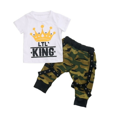 

Canrulo Summer Infant Baby Boys Clothes Crown Print Short Sleeve T-Shirt + Camouflage Long Pants Casual Outfits White 2-3 Years