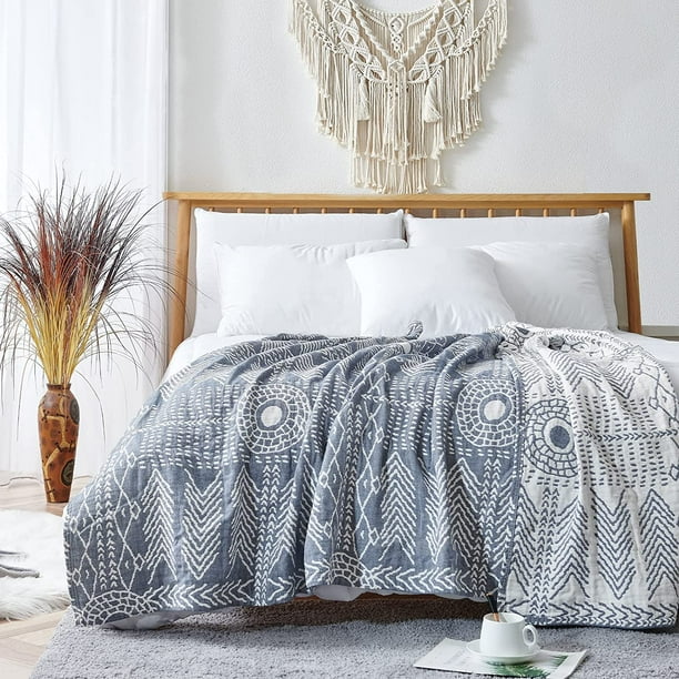 Blue Throw Blanket Cotton Twin Size Blanket Coverlet Summer Blanket for Sofa Couch Decor Boho Blankets Outdoor Accent Throw Geometric Quilt Reversible