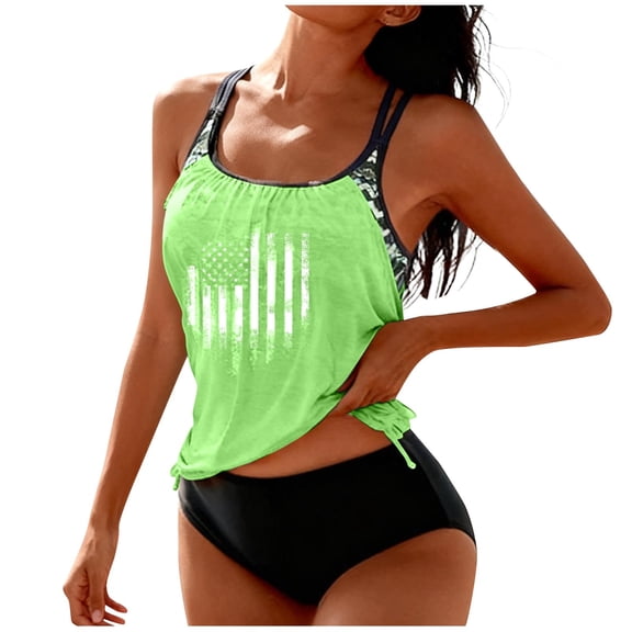 Yuanlook Women's 2 Piece Tankini Set US Flag Print Double Strap Drawstring Hem Bathing Suit Size S-XXL