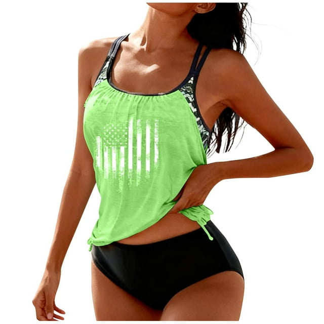 Moxiu Womens American Flag Ruched Tankini - T-Back Flowy Two Piece Shorts Modest Vacation Bathing Suit Green,M