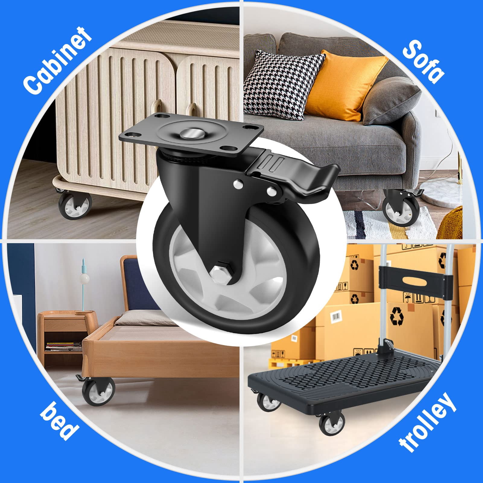 5" Caster Wheels Heavy Duty, ASHGOOB Casters Set of 4 - Non-Marking Black Polyurethane Castors, Top Plate Swivel Wheels, Industrial Casters with Brake, Locking Casters for Furniture and Workbench