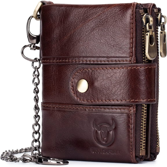BULLCAPTAIN Men's Genuine Leather RFID Blocking Bifold Chain Wallet with Double Zipper Coin Pockets, Brown