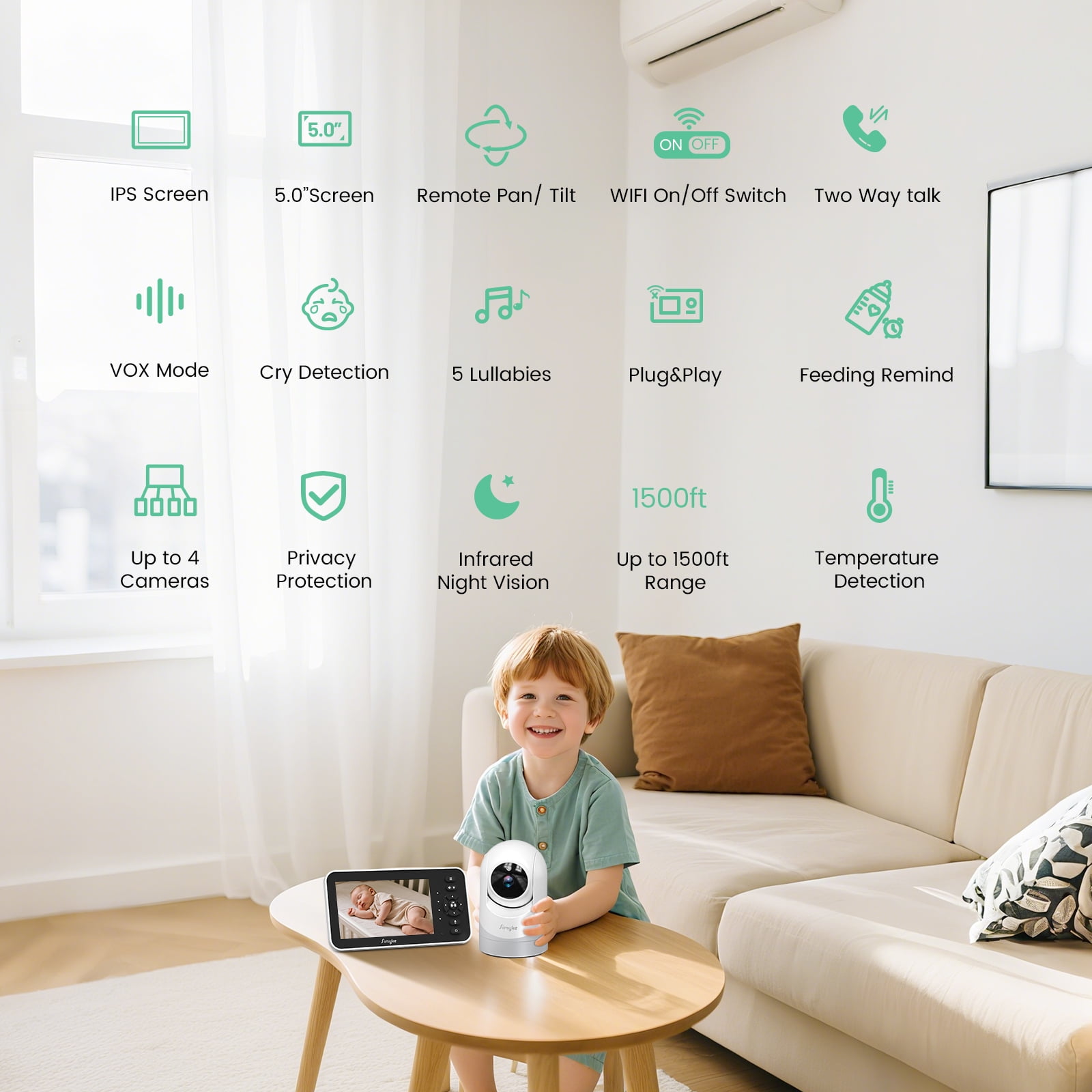 Simyke Video Baby Monitor with Camera and Audio,5'' IPS Screen,720P HD,App,Remote Pan/Tilt/Zoom Camera,Lullabies,Feeding Remind,HD Night Vision, VOX,2-Way Talk,Triple Security,1500ft Long Range