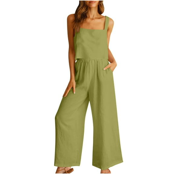 2026 ! JINMGG Two Piece Outfits Women, 2026 Fashion Fall Women's 2-piece Casual Suit Linen Shorts Sleeveless Top Vest Sleeveless Crewneck Top/Shirt Suit Green XXXL