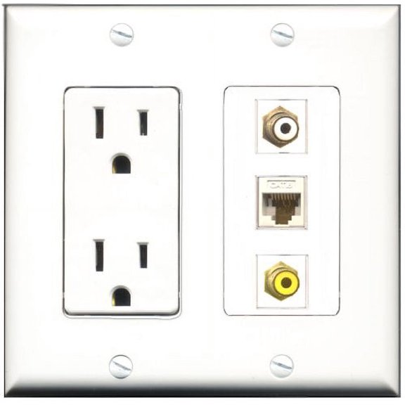 RiteAV - 15 Amp Power Outlet 1 Port RCA White 1 Port RCA Yellow 1 Port Cat6 Ethernet Ethernet White Decorative Wall Plate