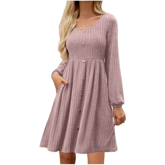 Gnshining Ribbed Knit Fall Dress for Women Casual Crew Neck Pleated Button Down Sweater Dress Long Sleeve Knee Length Midi Dresses with Pockets