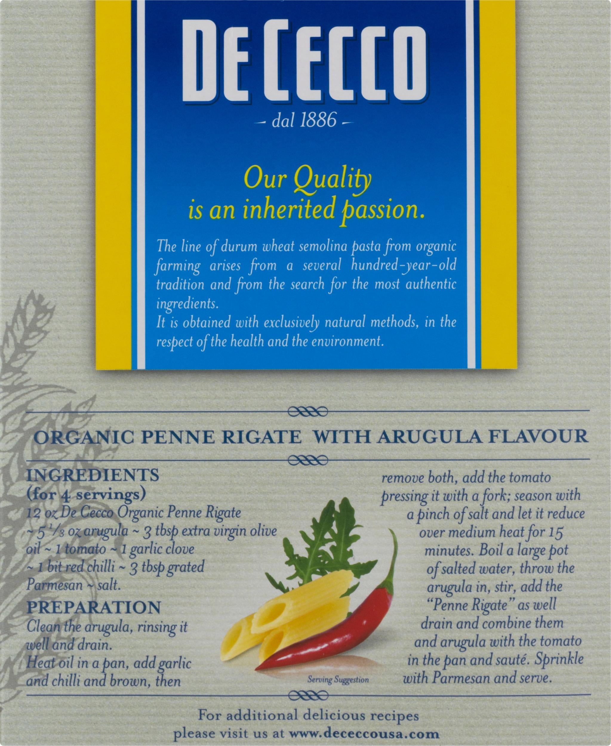 De Cecco 100% Organic Penne Rigate No.41 Pasta, 12 oz, Gluten-Free