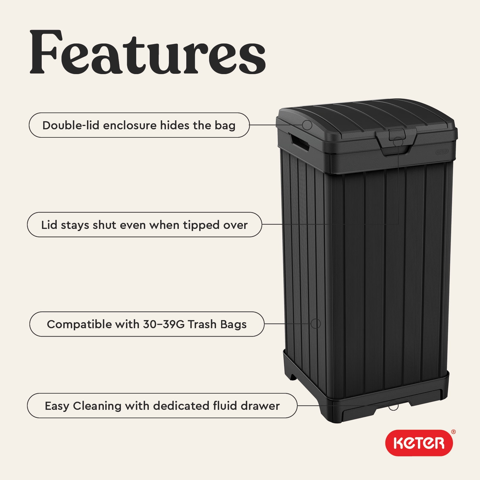 Keter Baltimore 38 Gallon Resin Outdoor Kitchen Trash Can Duotech Garbage Can, Black Woodlook