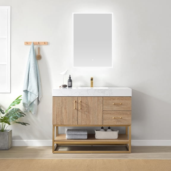 Vinnova Alistair 42" White Grain Stone Top Vanity in Oak w/o Mirror