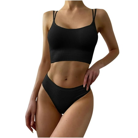 Ashirexll Bikini Sets for Women  Womens Bikini Swimsuits  Sexy Pure Color Thread Fabric Sling Bikini Push-Up Padded Swimsuit Set Black L