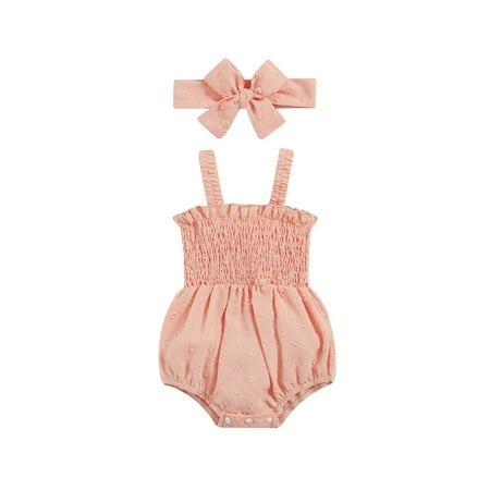 

Infant Baby Girls 2Pcs Romper Solid Color Sling Ruched Sleeveless Bodysuits Jumpsuits with Headband