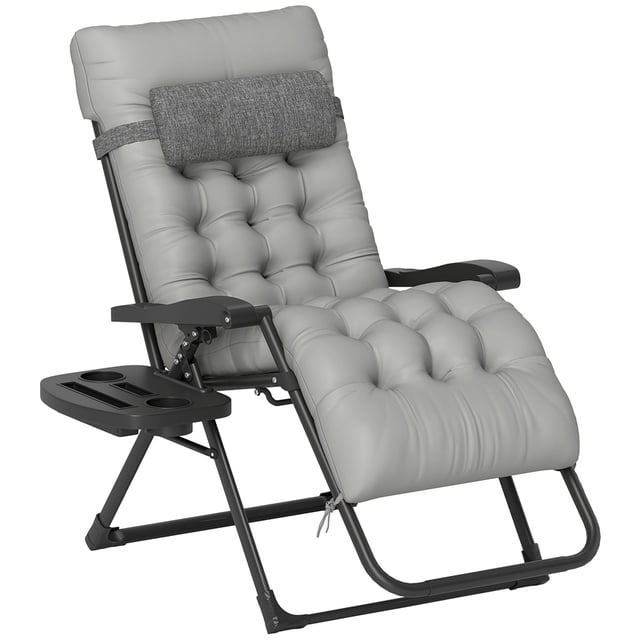 Grey Padded Folding Recliner Chair – Patio Lounger with Cupholder, Adjustable Backrest & Removable Cushion – Ideal for Outdoor Relaxation & Easy Storage