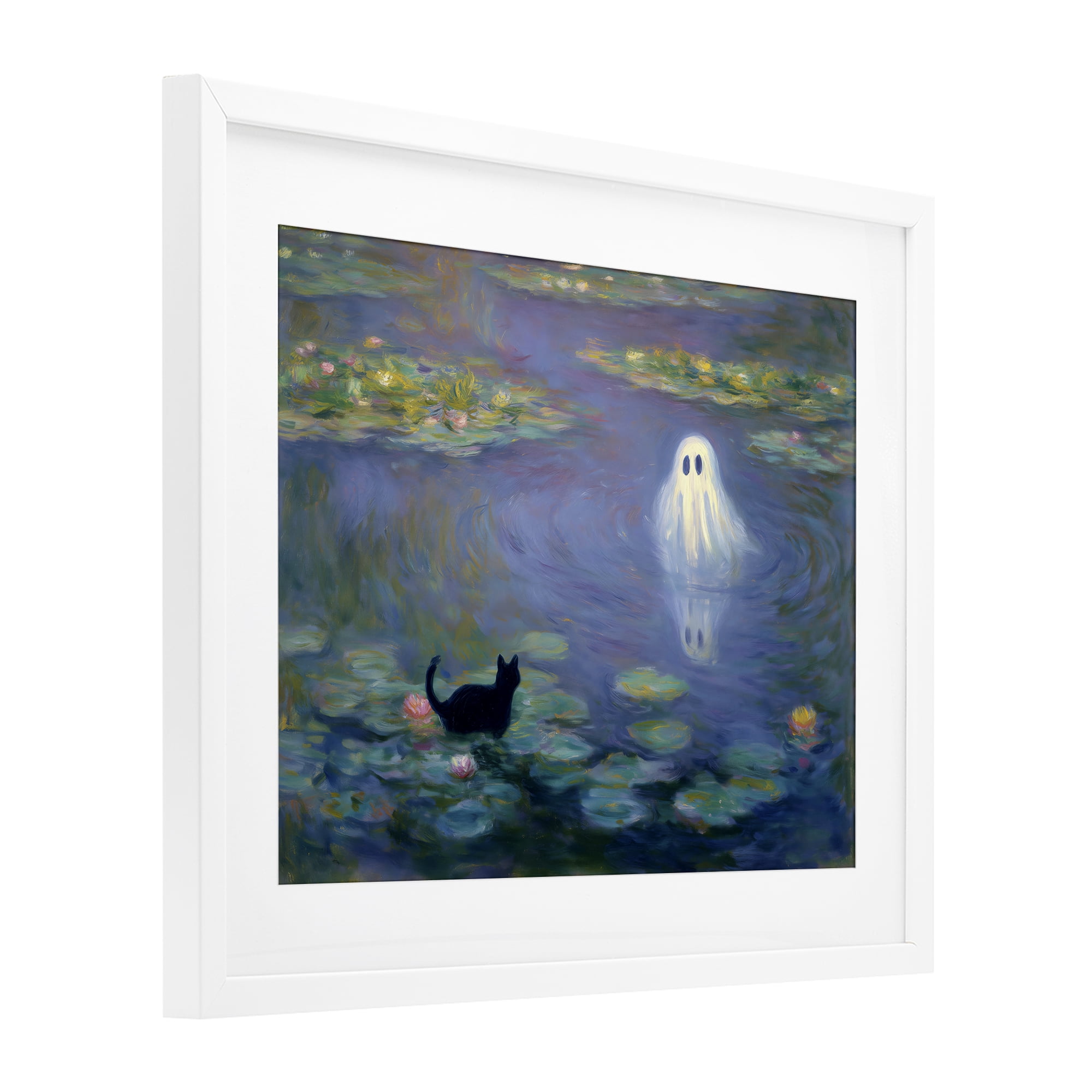 Water Lilies with Ghost & Kitty White Framed Print Under Glass, design by Arlington Prints