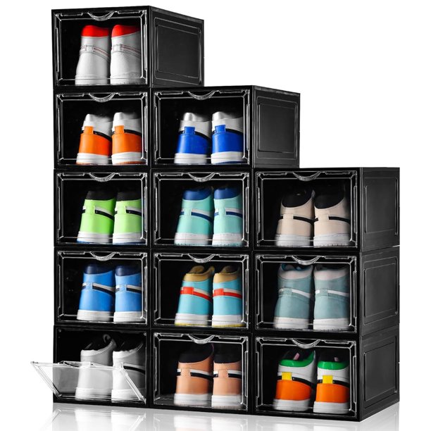 Caja de almacenamiento de zapatos XL, paquete de 12, caja de zapatos de plástico transparente apilable, caja de zapatos frontal con puerta transparent
