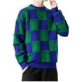thumbnail image 2 of Miluxas Men's Patchwork Knit Sweater Plaid Round Neck Pullover Unisex Casual Warm Autumn Winter Knitwear Blue, 2 of 3