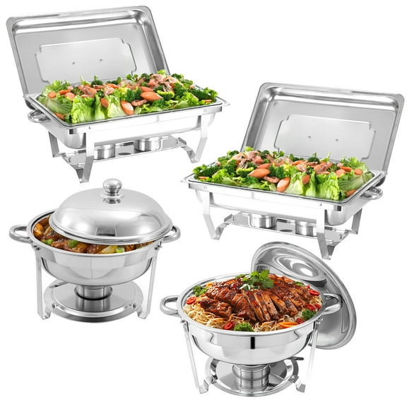 EVGTTI 4 Pack Chafing Dish Buffet Set, 6Qt Round×2 Rectangular 8QT full pan×2 Stainless Steel Catering Warmer Set with Water Pan for Parties, Events, Wedding, Camping, Dinner