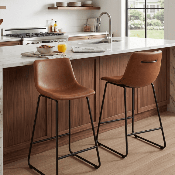 Set of 2 Faux Leather Counter Stools with Low Back, Sled Base & Footrest