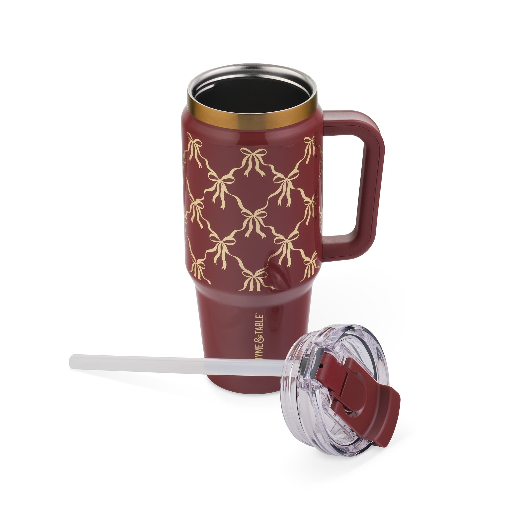 Thyme & Table 32oz Stainless Steel Luna Tumbler with Handle and Dual Straw Lid, Red Bow