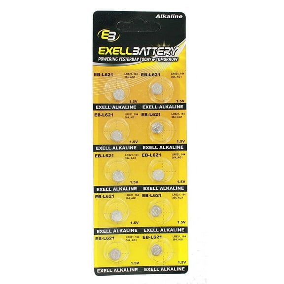 10pk Exell EB-L621 Alkaline 1.5V Watch Battery Compatible with AG1 LR621 364