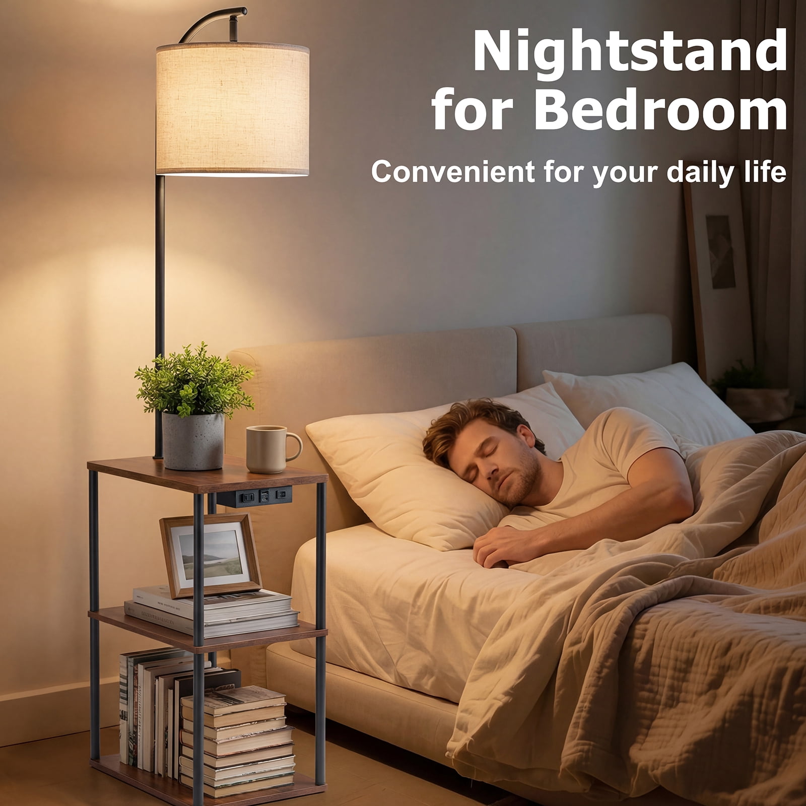 Vesteel Floor Lamp with Table, End Table with Charging Station(USB & Type-C & AC Port), Shelves Side Table with 3 Color Temperature LED Bulb, Nightstand Lamp for Living Room, Bedroom