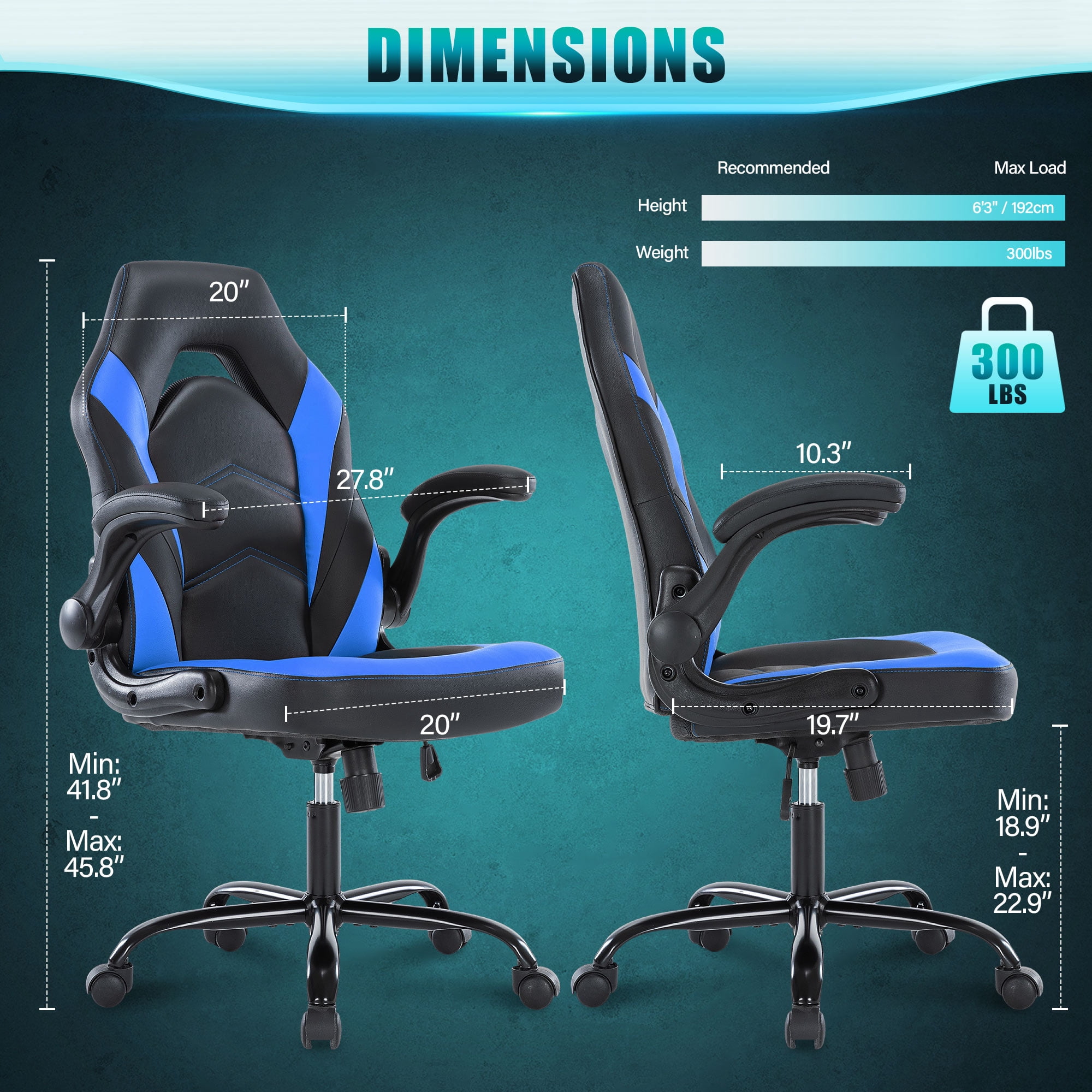 JONPONY Ergonomic Gaming Desk Chair - Adjustable PU Leather Swivel Racing Chair with Flip-up Armrests for Home Office and Entertainment, Perfect for Adults, Kids, and Gamers, Black Blue