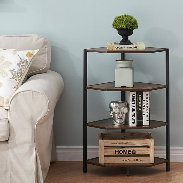 Vecelo 4 Tier Nightstand Triangle Corner Side End Table Space Saving Brown Com Vecelo 4 Tier Nightstand Triangle, Triangle Corner End Table With Storage Space