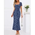 thumbnail image 4 of MEROKEETY Women's 2026 Summer Floral Bodycon Maxi Dress, Square Neck Short Sleeve Mesh Wedding Guest Cocktail Party Dress, Dusty Blue, XL, 4 of 4