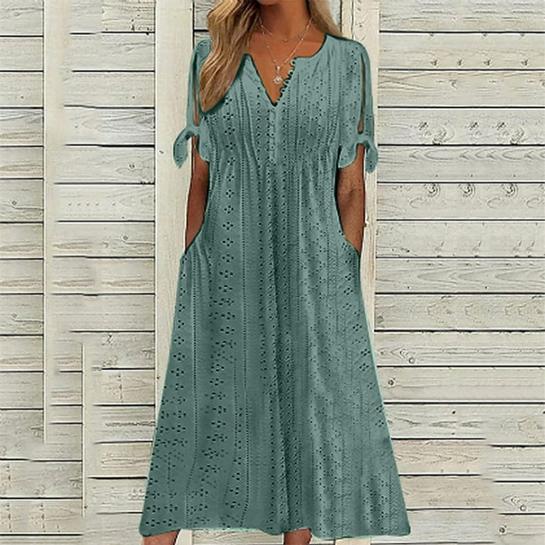 Tqwqt Dark Green Dress Women Petite Short Sleeve Eyelet Midi Dresses Summer Clearance Tshirt Dresses Beach Vacation Sun Dresses Flowy Resort Wear Dark