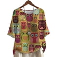 thumbnail image 1 of CLOOCL Shirts for Women Retro Owl Pattern Printed Blouse Mid Sleeve Plus Size Tee Tops, 1 of 6