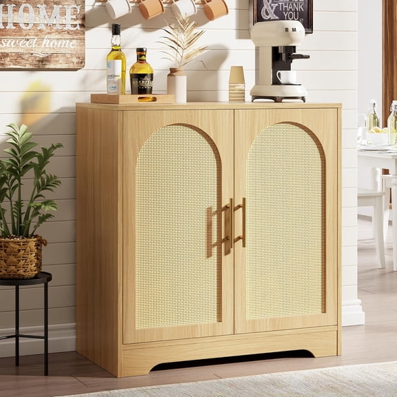 30" W Sideboard Buffet Cabinet with 2 Rattan Doors, 2-Tier Large Storage Console Table & Modern Accent Coffee Bar Cabinet for Living Room, Kitchen, Dining Room, Natural