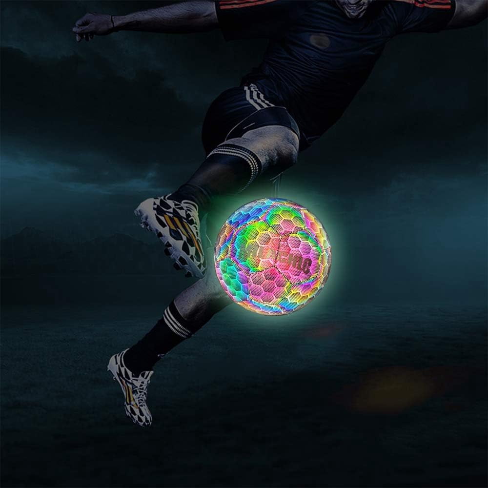 MILA CHIC Soccer Ball, Holographic Glowing Soccer Ball Size 5, Reflective Hologram Rainbow Soccer Ball with Needles and Pump for Men Youth and Adult Night Games
