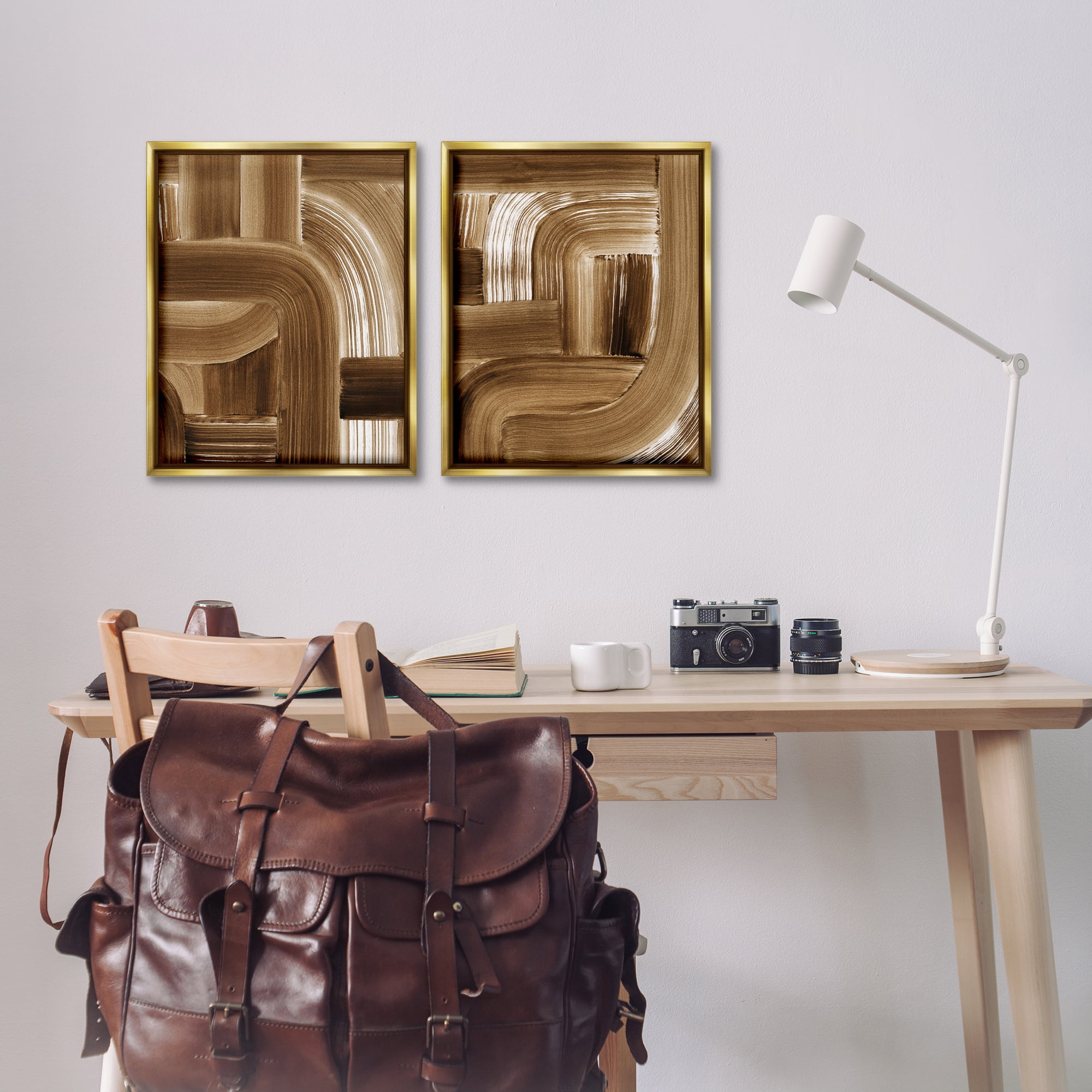 Stupell Industries Gentle Brown Brushstrokes Abstract Painting Gold Floater Framed Canvas Art Print Wall Art, 17 x 21, Set of 2