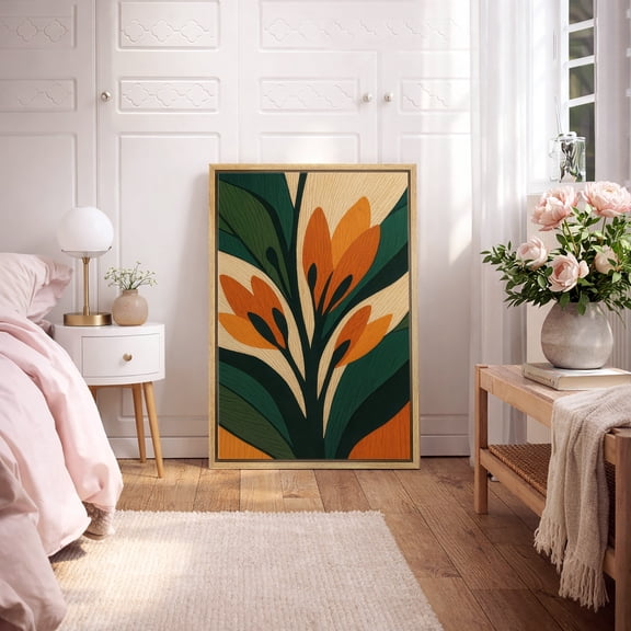 Framed Canvas Print Modern Botanical Abstract Leaves Wall Art Mid Century Style Nature Decorative for Living Room Bedroom - 16"x24" NATURAL
