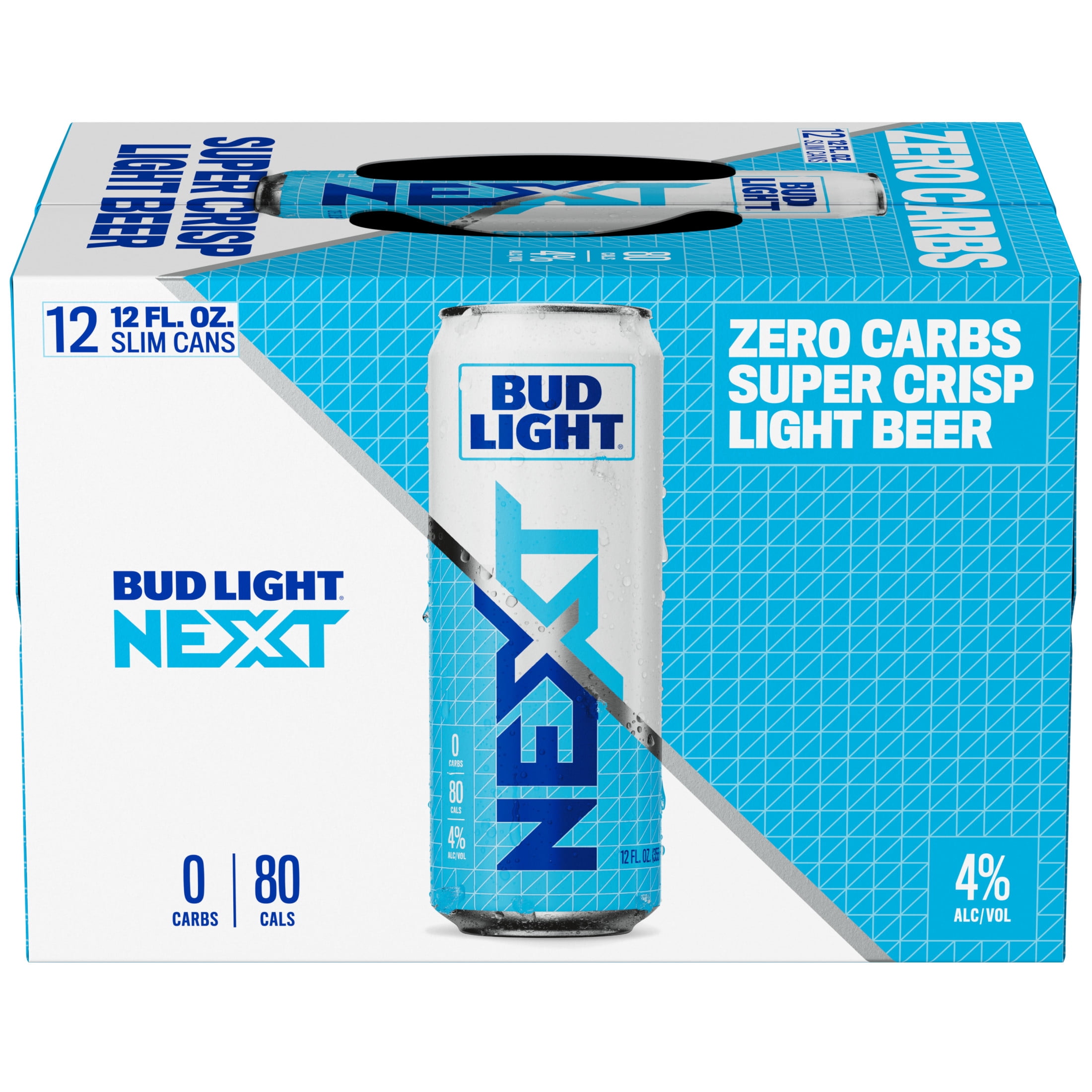 Bud Light NEXT Zero Carb American Lager Beer, 12 Pack, 12 fl oz Aluminum Cans, 4% ABV